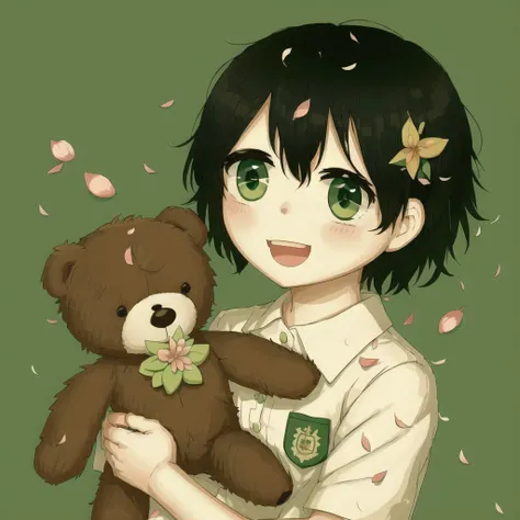 <lora:avo_rifl_08-02:1>
1girl, :d, black hair, blush, character name, dated, green background, green eyes, happy birthday, holding, holding stuffed toy, looking at viewer, open mouth, petals, school uniform, short hair, simple background, smile, solo, stuffed animal, stuffed toy, teddy bear, upper bod