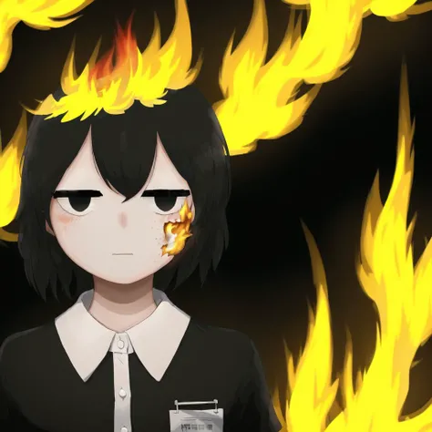 <lora:avo_rifl_08-02:1>
1girl, empty eyes, expressionless, employee uniform, fire on face, fire on hair, black hair