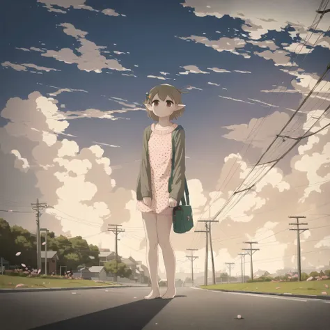 <lora:avo_rifl_08-02:1>
1girl, elf, baggy clothes, barefoot, closed mouth, clouds, cloudy sky, hair ornament, highres, long sleeves, looking at viewer, outdoors, power lines, red sky, road, short hair, single sidelock, sky, solo, standing, street, sunset, sweater, wind, cherry blossoms, polka dot, sidelocks, (close-up:1.2)