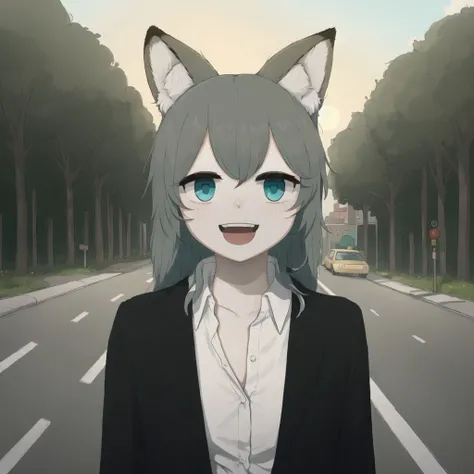 <lora:avo_rifl_08-02:1>
1girl, animal ear fluff, animal ears, aqua eyes, bangs, black coat, breasts, buttons, coat, crossed arms, fox ears, fox girl, highres, large breasts, long hair, looking at viewer, open mouth, partially unbuttoned, road, scarf, shirt, short eyebrows, smile, solo, standing, street, tail, thick eyebrows, upper body, white shirt, from below