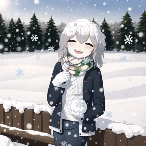<lora:avo_rifl_08-02:1>
1girl, ahoge, scarf, skirt, blurry, closed eyes, eyebrows visible through hair, hair between eyes, highres, holding, holding snowball, long hair, mole, snow, snowball, snowflake print, solo, winter clothes , :d, bangs, bench, breasts, breath, denim, depth of field, floating hair, gradient hair , hair intakes, hand up, head tilt, jacket, jeans, light blush, long sleeves, looking at viewer, mittens, mole, mole under eye, multicolored hair, open clothes, open jacket, open mouth, outdoors, pants, pocket, jacket, ribbed sweater , sidelocks, smile, snowball fight, snowing, snowman , streaked hair, sweater, very long hair, winter