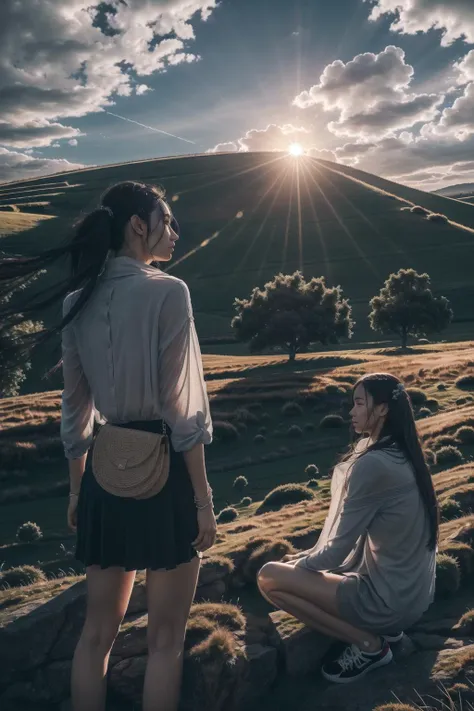 long shot scenic professional photograph of 2girls, alluring, trendy fashion, rear view, head tilt, crouching in grass, in a field, Countryside, plants, trees, sunny weather, asymetrical, highly detailed, wide-angle lens, hyper realistic, with dramatic morning sky, low key, soft lighting, soft pastel colors, perfect viewpoint, polarizing, bokeh, HDR, UHD, 64K  <lora:oltopia_yiu_v10:0.3> <lora:LowRA:0.5>