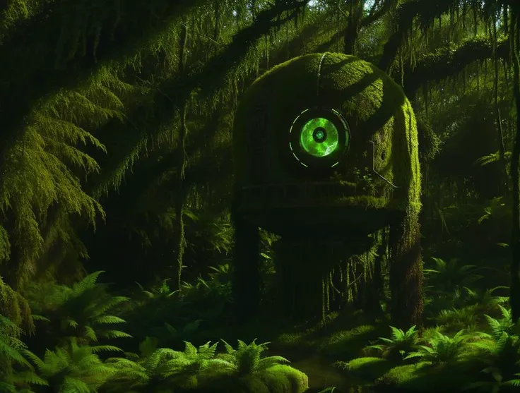a strange looking object in the middle of a forest, robot concept portrait, mossy ruins, horror animatronic, swampy, grainy photorealistic, the wasteland, <lora:oltopia_yiu_v10:0.6>