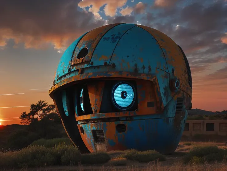 a sculpture of a robot with blue eyes, sunset, avanpost, cordon, gigantic robot head, abandoned ruins, rust, skratches, <lora:oltopia_yiu_v10:0.6>