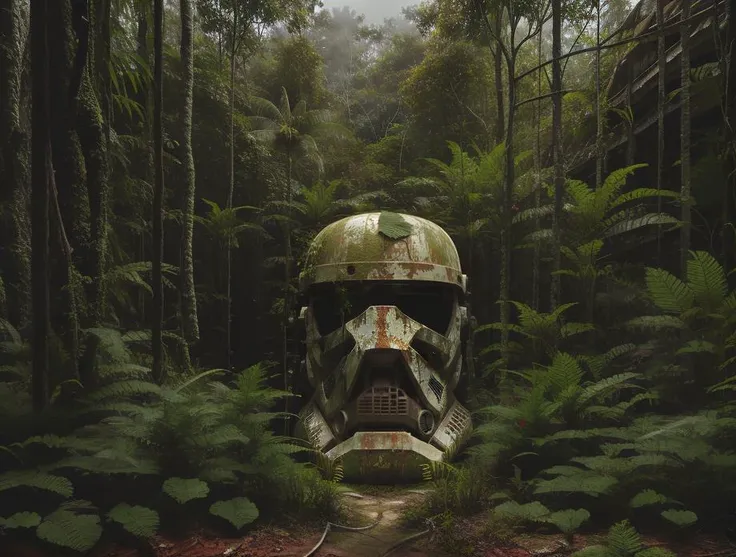 a strange looking trooper mask as building in the middle of a forest, concrete, rust, overgrown jungle, photorealistic, destroyed nature, (blur in the foreground:1.2), <lora:oltopia_yiu_v10:0.6>