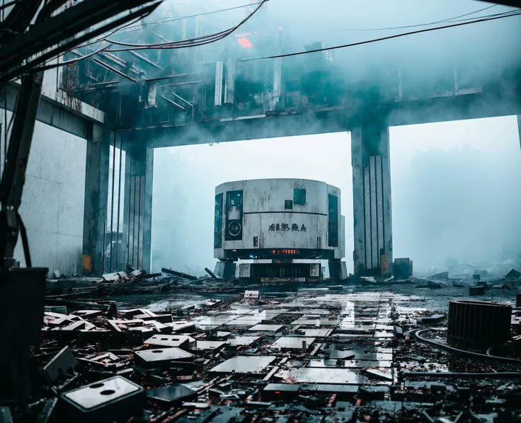 (raw photo:1.2), debris, an exploded mechanical station made of white ceramics, (broken big robot machines:1.3), (animatronics:1.2), abandoned building, evil, hard atmosphere, horror, fog, the abyss, a huge rift, <lora:Oltopia_yiu_v20:0.7>