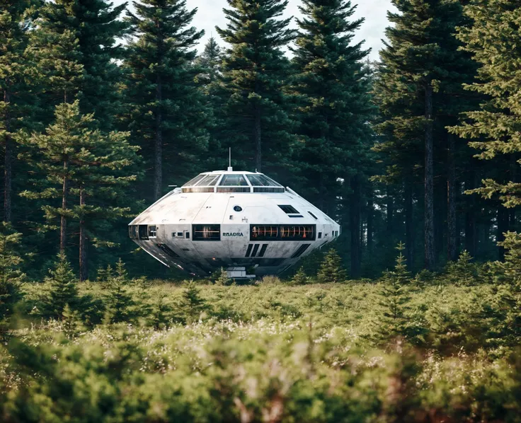 (raw photo:1.2), a large white spaceship sitting in the middle of a forest, post apocalyptic world, render corona, 8k render, panoramic anamorphic, abandoned, nostalgic 8k, dof, blur in the foreground, <lora:Oltopia_yiu_v20:0.6>