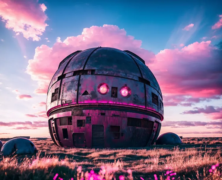 (raw photo:1.2), a giant piece of art sitting in the middle of a field, inside a mechanical cat's head, pink clouds background, metal cat ears and glowing eyes, giant crypto vault, promotional image, psytrance, bank, standing in wasteland, caaats, <lora:Oltopia_yiu_v20:0.6>