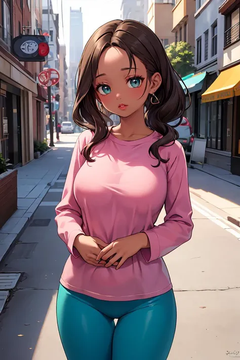 (masterpiece, best quality), aesthetic, New Realism, Cozy sleepwear ensemble, Dame, Tall, Narrow Hips, Oval Face, Dark Skin, Chestnut Hair, teal Eyes, Short Nose, Full Lips, Receding Chin, Long Hair, Wavy Hair, Low Ponytail, large breasts, Huggie earrings, berry stain lipstick, Turning heads with style on a city street