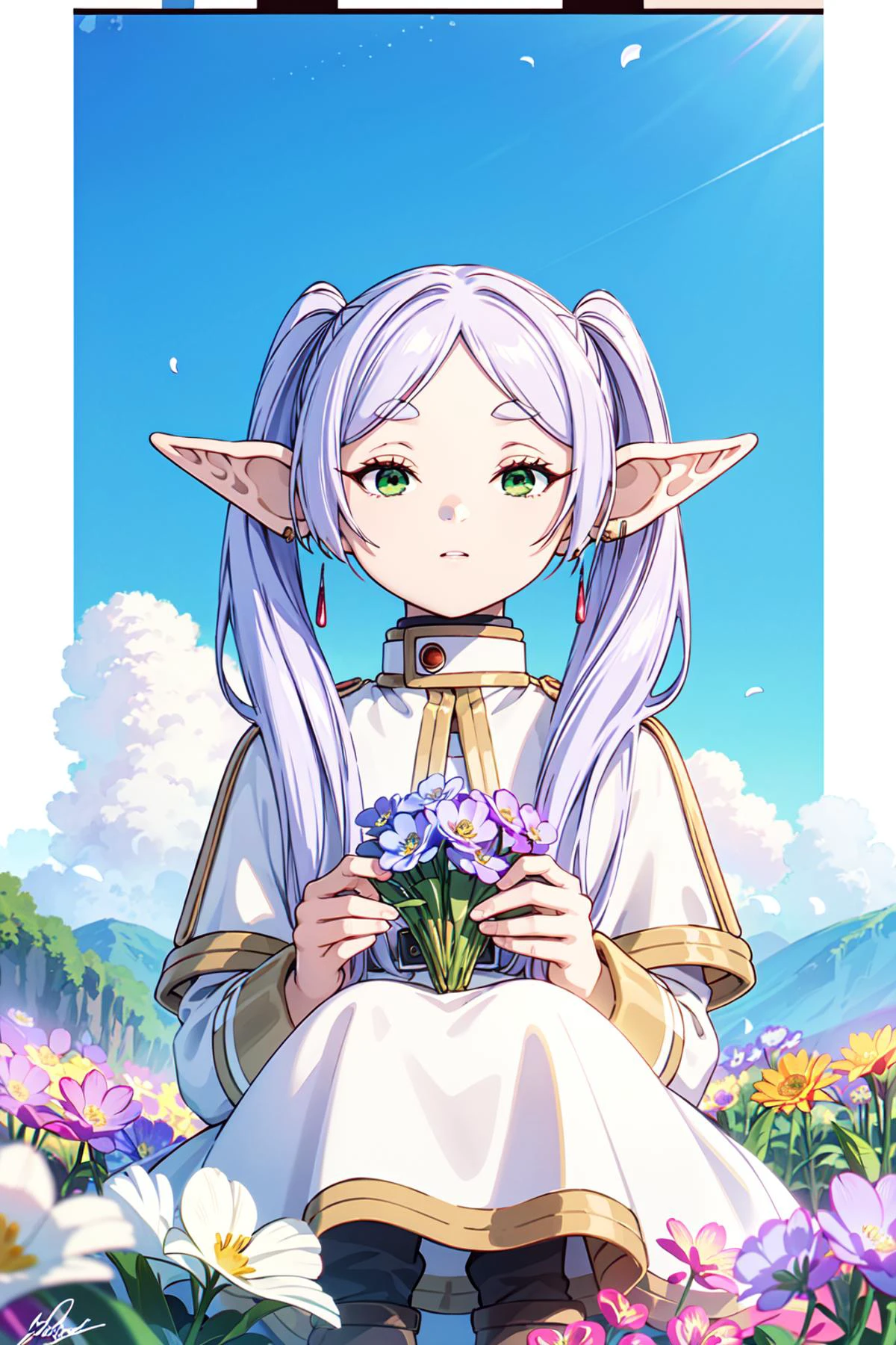 frieren,long hair,twintails,(green eyes:1.5),grey hair,pointy ears,elf,((best quality)),((masterpiece)),((ultra-detailed)),(illustration),(detailed light),(an extremely delicate and beautiful),((trim)),incredibly_absurdres,(ray tracing),(reflection light),((Movie Poster)),(signature:1.3),(English text:1.3),BREAK (8k:1.3),Wallpaper,1girl,(girl middle of flower:1.4),clear sky,outside,ultra-detailed,best quality,extreme quality,Masterpiece,beautiful,pretty,sitting on the ground,(absurdly long hair, clear boundaries of the cloth:1.4),(pure white dress, pure white silk cloth:1.5),(ground of flowers, thousand of flowers, colorful flowers, flowers around her, various flowers:1.51),young,stunning,attractive,sundress,fantastic scenery,pure whiteshoes,<lora:éè¬çèèè¾¾:1>,