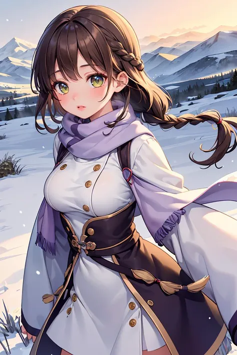 (masterpiece, best quality), 1girl,Scarves, Miss, Short, Thin, Round Face, Olive Skin, Light Brown Hair, Amber Eyes, Wide Nose, Thin Lips, Sharp Chin, Long Hair, Wavy Hair, Boho Braid, round breasts, , lavender gloss lipstick, a snowy tundra with frost-covered grasses and distant mountains