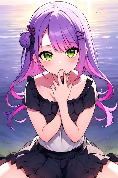 (masterpiece, best quality), 1girl, <lora:Tokoyami Towa:1> white blouse, black skirt, pink purple hair, green eyes, multicolor hair || pink purple hair, green eyes, multicolor hair
