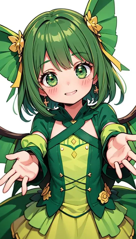 (best quality, masterpiece), (eye focus, face, close-up:0.3), blush, (smile:0.7), 1girl, solo focus, bangs, white background, durch angle, side, head tilt, jewelry, bow, wings , (costume, cosplay, green theme:1.3) , foreshortening, perspective