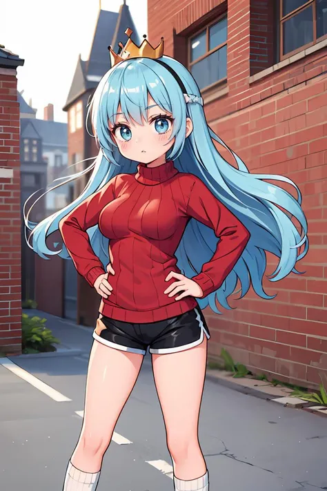 (masterpiece, best quality), 1girl, Ice blue Twisted Crown with Crystal Headband, Size C breasts, Brick red Sweater and Lace shorts, loose socks, Standing with hands on the hips, leaning slightly backward
