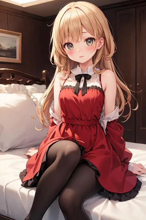 (masterpiece, best quality), 1girl, red dress, pantyhose, cute face, blush,