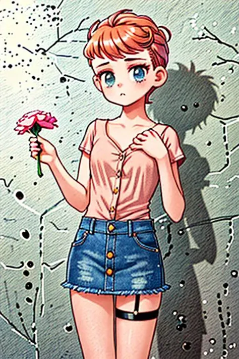 (masterpiece, best quality), 1girl, Carnation High Fade with Quiff, small breasts, Copper V-neck top and Button-front denim skirt, thigh strap, Standing with one hand touching the chin, looking thoughtful
<lora:LCM_LoRA_Weights_SD15:1>