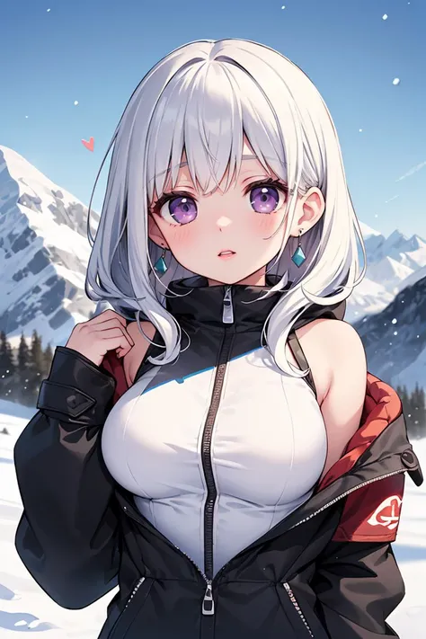 (masterpiece, best quality), Land Art, Ski Jacket, Mistress, Average Height, Skinny, Heart-Shaped Face, Olive Skin, White Hair, purple Eyes, Long Nose, Thin Lips, Sharp Chin, Shoulder-Length Hair, Fine Hair, High Chignon, full breasts, Threader earrings, cream satin lipstick, a snow-capped mountain range against a clear winter sky