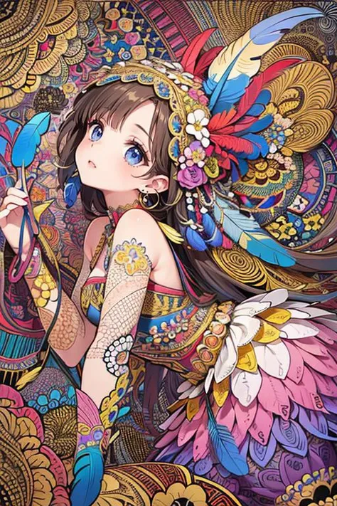 (masterpiece, top quality, best quality, official art, beautiful and aesthetic:1.2), (1girl:1.3), extremely detailed,(fractal art:1.1),(colorful:1.1)(flowers:1.3),highest detailed,(zentangle:1.2), (dynamic pose), (abstract background:1.3), (many colors:1.4), ,(earrings), (feathers:1.5)