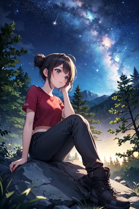 (masterpiece, best quality, hires, high resolution:1.2), extremely detailed, realistic, 1girl, dark hair, Messy Side Bun, Hiking pants, performance top, and hiking boots,Sitting on a rock, gazing at the stars, with a sense of awe and wonder for the universe. , in an enchanted forest, (night:1.2), glowing butterfly, outdoors, cinematic lighting,