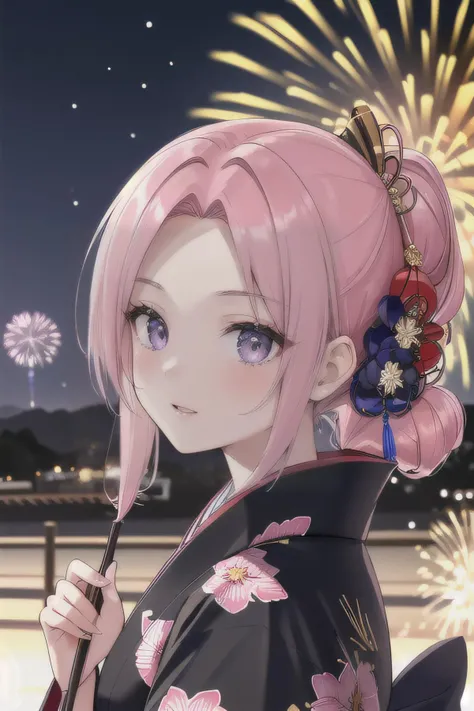 (best quality, masterpiece, perfect face, detailed simmetric iris, perfect smooth skin texture), pink hair, 18 years old european girl, flirting with POV, in traditional japanese gold&black kimono, ultra detailed kimono textures, high contrast, night, kyoto, fireworks, (hyperrealism, soft light, dramatic light, sharp, HDR)
