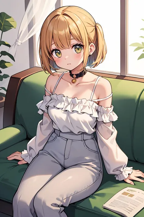 (masterpiece, best quality), 1girl, Golden Ombre Textured Side-Swept Bob with Hairpin, Size G breasts, Jade Frilled cold-shoulder top and Wide-leg linen pants with a neutral color, tabi, Sitting with one leg tucked under and the other extended