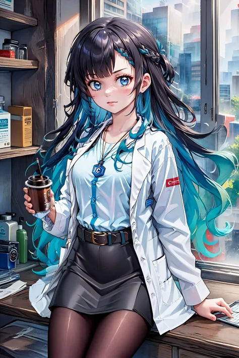 best quality, [natural lighting:dynamic lighting:0.35],  1girl,civitai-chan, braided bangs,  smug, holding cup of coffee, on front of computer, sitting,  labcoat, shirt, shirt tucked in, single vertical stripe, black skirt, pencil skirt, pantyhose, necklace, belt,  <lora:gijinkaseries_civitai-17:0.85>
