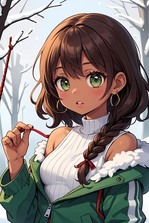 (masterpiece, best quality), 1girl,Jackets, Goddess, Average Height, Toned, Round Face, Dark Skin, Dark Brown Hair, green Eyes, Narrow Nose, Thick Lips, Prominent Chin, Shoulder-Length Hair, Curly Hair, Rope Braid, small breasts, Cuff earrings, magenta matte lipstick, a dense pine forest blanketed in a layer of fresh snow
