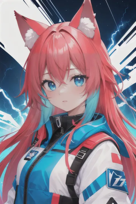 (masterpiece:1.1), (highest quality:1.1), (HDR:1.0), extreme quality, cg, (negative space), detailed face+eyes, 1girl, fox ears, animal ear fluff, (plants:1.18), (fractal art), (bright colors), splashes of color background, colors mashing, paint splatter, complimentary colors, neon, (thunder tiger), compassionate, electric, limited palette, synthwave, fine art, tan skin, upper body, (blu and red:1.2), time stop, sy3, SMM