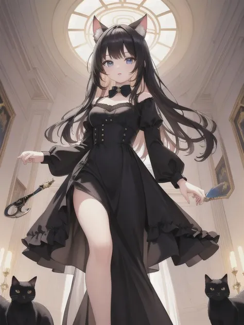 8K, masterpiece, best quality, high quality, award-winning art, wallpaper, (from below: 1.2), full body, 1girl, attractive face, holding scissors, cat ears, cat tail, black hair, full lips, formal dress, full dress, black dress, elegant, cinematic lighting