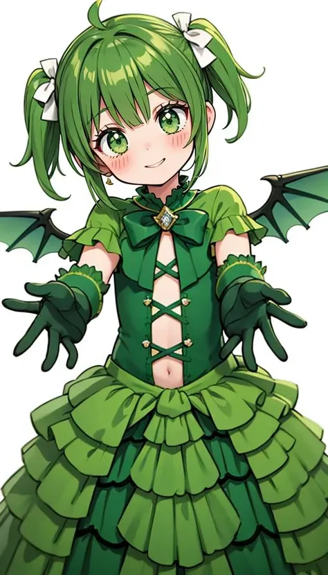 (best quality, masterpiece), (eye focus, face, close-up:0.3), blush, (smile:0.7), 1girl, solo focus, bangs, white background, durch angle, side, head tilt, jewelry, bow, wings , (costume, cosplay, green theme:1.3) , foreshortening, perspective