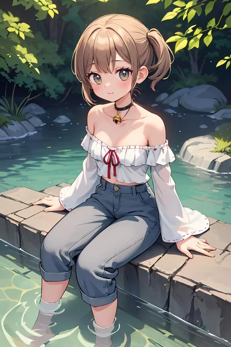 (masterpiece, best quality), 1girl, Light gray Slicked-Back Taper Cut, small breasts, Sienna Crochet off-the-shoulder top with bell sleeves. and High-waisted gaucho pants with a flowy design, socks, Sitting on a rock by a river, dipping fingers in the water, enjoying the tranquility.
