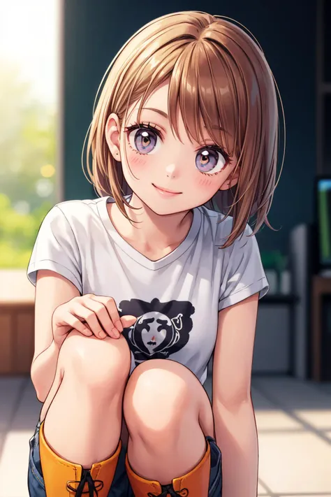 high quality, detailed, realistic, cool girl, wearing t-shirt, hot pants, knee-high boots, close-up, smiling, natural lighting, blurred background
<lora:add_detail:0.5>