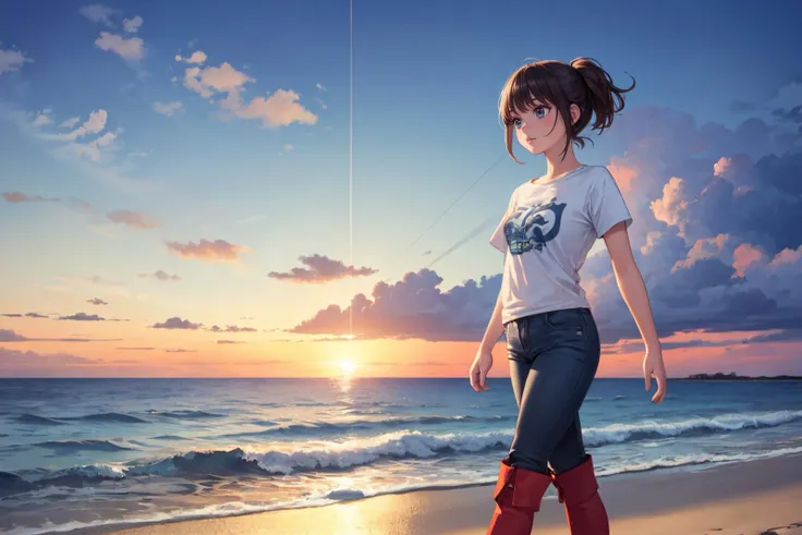 high quality, detailed, realistic, cool girl, wearing t-shirt, hot pants, knee-high boots, walking on the beach, sunset, ocean waves, serene atmosphere, natural light, casual pose
<lora:add_detail:0.5>