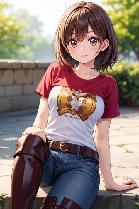 high quality, detailed, realistic, cool girl, wearing t-shirt, hot pants, knee-high boots, close-up, smiling, natural lighting, blurred background
<lora:add_detail:0.5>