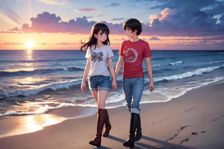 high quality, detailed, realistic, cool girl, wearing t-shirt, hot pants, knee-high boots, walking on the beach, sunset, ocean waves, serene atmosphere, natural light, casual pose
<lora:add_detail:0.5>