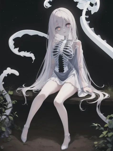 8K, masterpiece, best quality, high quality, wallpaper, distinct image, 1girl, (full body: 1.2), sit, (bone: 0.9), (humanic skeleton: 0.9), <lora:XRay_01: 0.9>, (white trench coat:0.8), white long hair, beautiful face, (thin smile: 0.8), big round eyes, beautiful eyes, sick, (zombie: 1), night, (outdoor: 1.2)