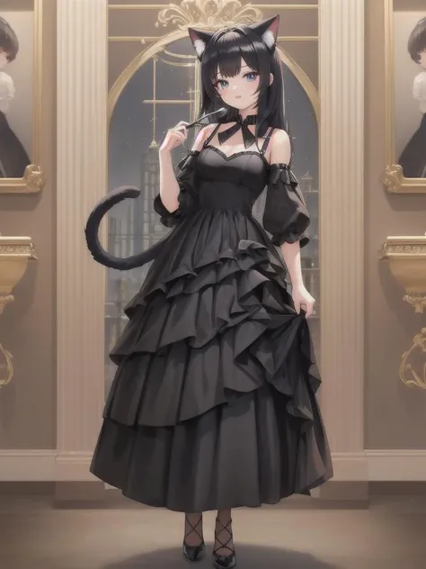 8K, masterpiece, best quality, high quality, wallpaper, full body, 1girl, (barber: 1.2), cat ears, cat tail, black hair, full lips, formal dress, full dress, black dress, holding comb, holding scissors, elegant, fasion