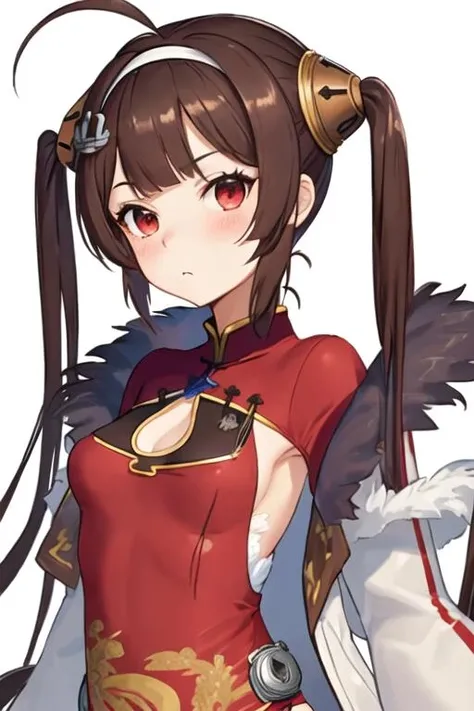 best quality, masterpiece, highres, solo, {ping_hai_azurlane:1.15}, brown_hair, long_hair, bangs, twintails, ahoge, red_eyes, breasts, hair_ornament, blush, hairband, small_breasts, white_hairband, anchor_hair_ornament, very_long_hair, 1girl, china_dress, chinese_clothes, dress, jacket, looking_at_viewer, red_dress, white_background, clothing_cutout, fur_trim, simple_background, cleavage_cutout, long_sleeves, closed_mouth, dutch_angle, fur-trimmed_jacket, hairpods