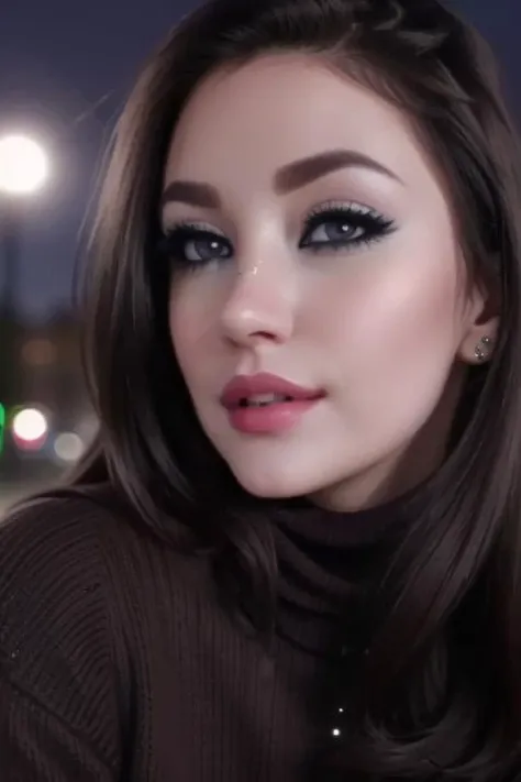 , ((dark brown hair)), photo of a woman, ((outdoors, at night, city)),((turtleneck sweater dress)), smiling, (lipstick, blush, eye shadow), ((best quality, masterpiece, extreme details, high resolution):1.2),((detailed eyes, beautiful eyes, detailed face, beautiful face):1.2) <lora:lizalicious-10:0.5>, lizalicious,