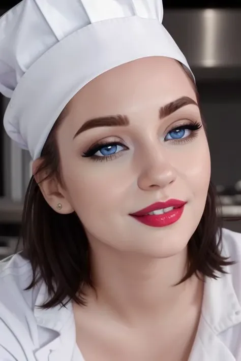 <lora:lizalicious-06:0.6>,lizalicious, photo of a woman, ((chef hat, chef jacket, commercial kitchen)), smiling, (lipstick, blush, eye shadow), ((best quality, masterpiece, extreme details, high resolution):1.2),((detailed eyes, beautiful eyes, detailed face, beautiful face):1.2)
