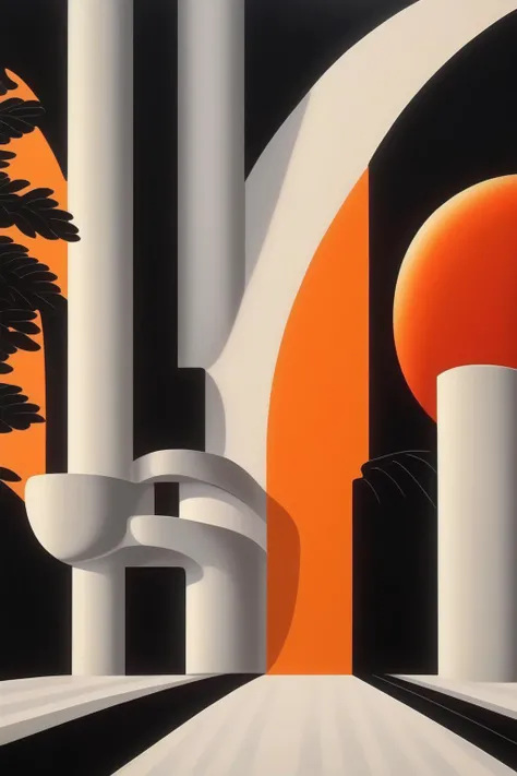 <lora:Hiroshi Nagai Style:1>Hiroshi Nagai Style - un coucher de soleil style William Gustafson bahauss. Couleurs vieux blanc, noir et orange retroMidcentury. FullHD 4K.1