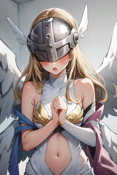 (masterpiece, best quality), intricate details,
1girl, <lora:angewomontest:0.8> angewomon, blonde hair, (covered eyes:1.7), long hair,, angel wings, bare shoulders, elbow gloves, feathered wings, gloves, head wings, helmet, navel, pink ribbon, ribbon, single elbow glove, single glove, thigh strap, wings,
<lora:ganbaruzoi-v3:0.8> ganbaruzoi, open mouth, :o, clenched hands, v-shaped eyebrows, upper body,