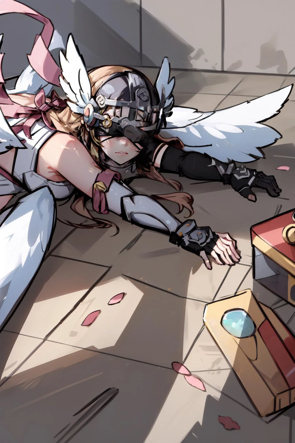 (masterpiece, best quality), intricate details,
1girl, <lora:angewomontest:0.8> angewomon, blonde hair, (covered eyes:1.7), long hair,, angel wings, bare shoulders, elbow gloves, feathered wings, gloves, head wings, helmet, navel, pink ribbon, ribbon, single elbow glove, single glove, thigh strap, wings,
<lora:boldline2:0.8> <lora:apuspill:0.8> apuspill,