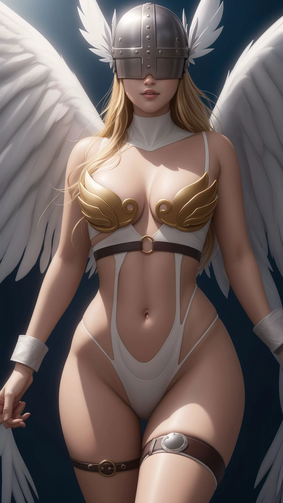 angewomon,<lora:angewomontest:1>,angewomon,blonde hair,(covered eyes:1.7),long hair,angel wings,bare shoulders,elbow gloves,feathered wings,gloves,head wings,helmet,navel,pink ribbon,ribbon,single elbow glove,single glove,thigh strap,wings,BREAK looking at viewer,BREAK outdoors,city,(masterpiece:1.2),best quality,high resolution,unity 8k wallpaper,(illustration:0.8),(beautiful detailed eyes:1.6),extremely detailed face,perfect lighting,extremely detailed CG,(perfect hands, perfect anatomy),