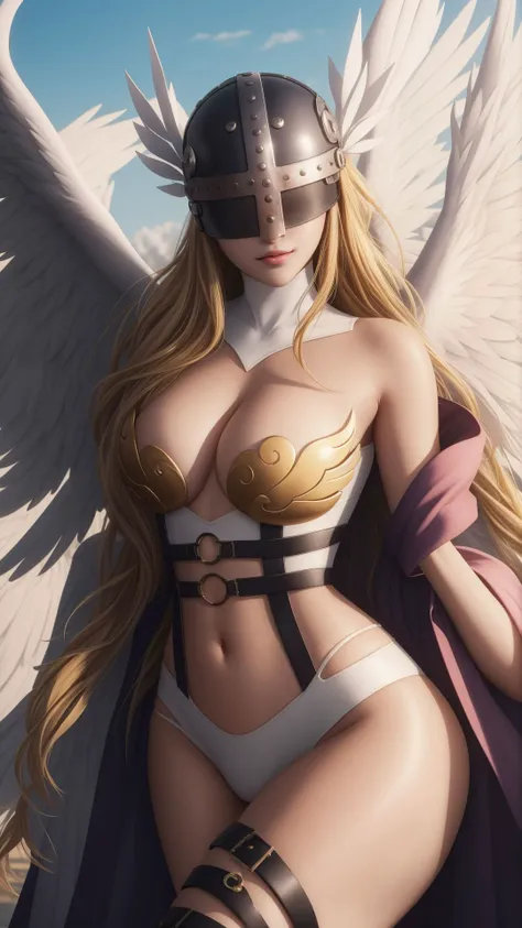 angewomon,<lora:angewomontest:1>,angewomon,blonde hair,(covered eyes:1.7),long hair,angel wings,bare shoulders,elbow gloves,feathered wings,gloves,head wings,helmet,navel,pink ribbon,ribbon,single elbow glove,single glove,thigh strap,wings,BREAK looking at viewer,BREAK outdoors,city,(masterpiece:1.2),best quality,high resolution,unity 8k wallpaper,(illustration:0.8),(beautiful detailed eyes:1.6),extremely detailed face,perfect lighting,extremely detailed CG,(perfect hands, perfect anatomy),