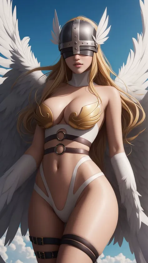 angewomon,<lora:angewomontest:1>,angewomon,blonde hair,(covered eyes:1.7),long hair,angel wings,bare shoulders,elbow gloves,feathered wings,gloves,head wings,helmet,navel,pink ribbon,ribbon,single elbow glove,single glove,thigh strap,wings,BREAK looking at viewer,BREAK outdoors,city,(masterpiece:1.2),best quality,high resolution,unity 8k wallpaper,(illustration:0.8),(beautiful detailed eyes:1.6),extremely detailed face,perfect lighting,extremely detailed CG,(perfect hands, perfect anatomy),