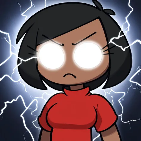 zPDXL, flat colors, cel shading, vector, shadows, source_cartoon, detailed background, dark background, 1girl, solo, rob_(\vilepluff\), dark skin, eyelashes, medium breasts, black hair, bob cut, red shirt, portrait, electricity, upper body, glowing eyes, no eyes, frown, IncrsLowTier, <lora:RobVile:0.9>   <lora:KYS_XLPD:1.3>