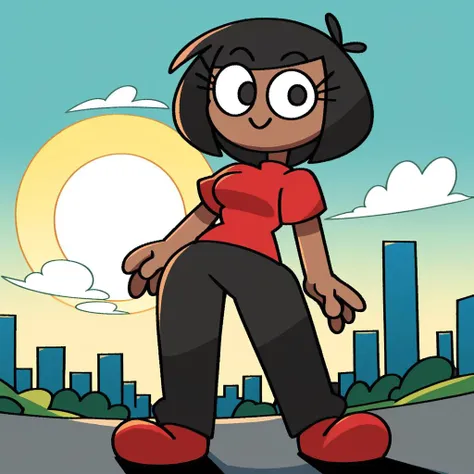 zPDXL, flat colors, cel shading, vector, shadows, clouds, source_cartoon, detailed background, green background, cityscape, park, sun, 1girl, solo, rob_(\vilepluff\), dark skin, eyelashes, medium breasts, black hair, bob cut, shiny skin, red shirt, grey pants, red shoes, standing, cowboy shot, looking at viewer, smile,  <lora:RobVile:0.9>