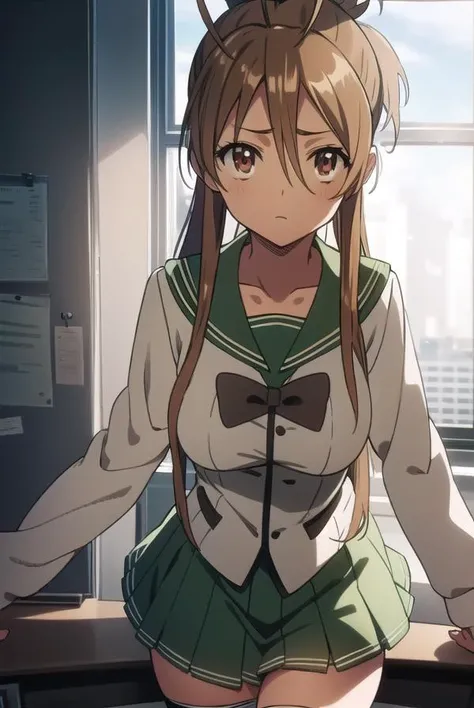 reimiyamoto, <lyco:reimiyamoto-LYCORIStest:1>,
rei miyamoto, long hair, brown hair, (brown eyes:1.5), antenna hair, ponytail,
BREAK skirt, thighhighs, school uniform, serafuku, zettai ryouiki, green skirt, bowtie, long sleeves, black thighhighs, black bowtie,
BREAK looking at viewer,
BREAK indoors, classroom,
BREAK <lora:GoodHands-vanilla:1>, (masterpiece:1.2), best quality, high resolution, unity 8k wallpaper, (illustration:0.8), (beautiful detailed eyes:1.6), extremely detailed face, perfect lighting, extremely detailed CG, (perfect hands, perfect anatomy),