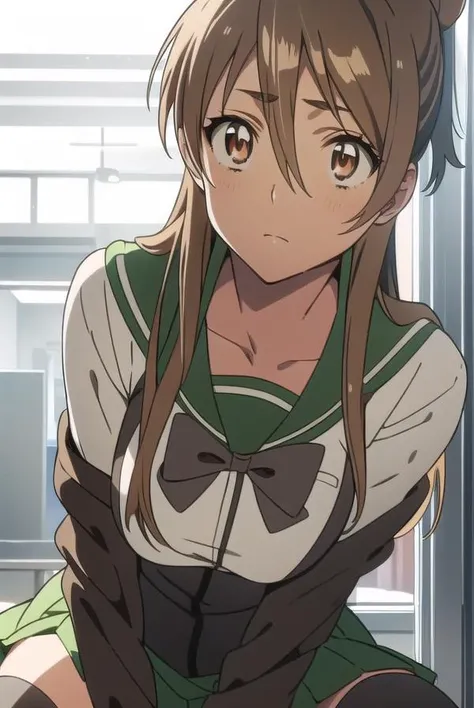 reimiyamoto, <lyco:reimiyamoto-LYCORIStest:1>,
rei miyamoto, long hair, brown hair, (brown eyes:1.5), antenna hair, ponytail,
BREAK skirt, thighhighs, school uniform, serafuku, zettai ryouiki, green skirt, bowtie, long sleeves, black thighhighs, black bowtie,
BREAK looking at viewer,
BREAK indoors, classroom,
BREAK <lora:GoodHands-vanilla:1>, (masterpiece:1.2), best quality, high resolution, unity 8k wallpaper, (illustration:0.8), (beautiful detailed eyes:1.6), extremely detailed face, perfect lighting, extremely detailed CG, (perfect hands, perfect anatomy),
